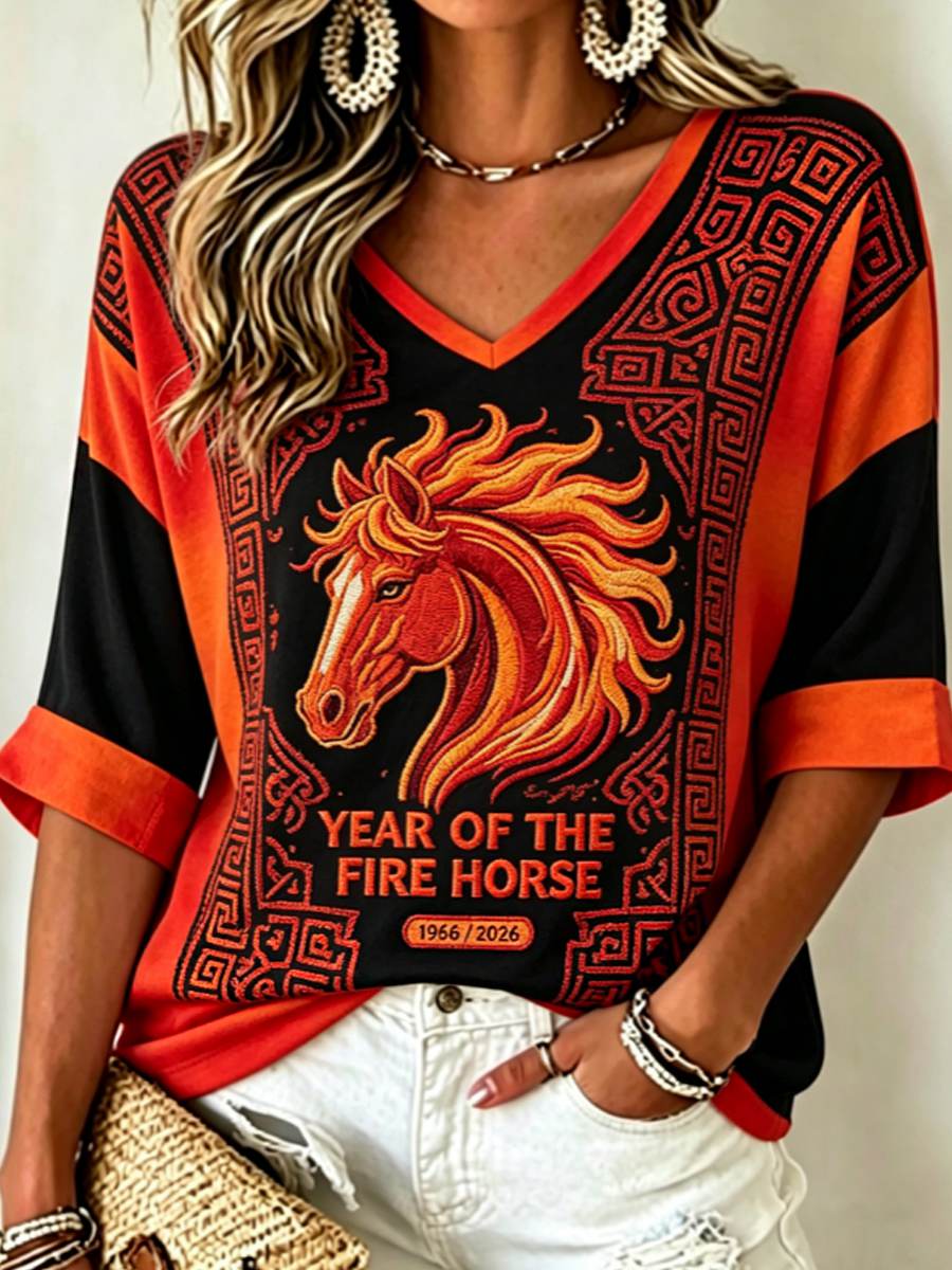 Women's YEAR OF THE FIRE HORSE Mid-length Sleeves V-Neck T-Shirt