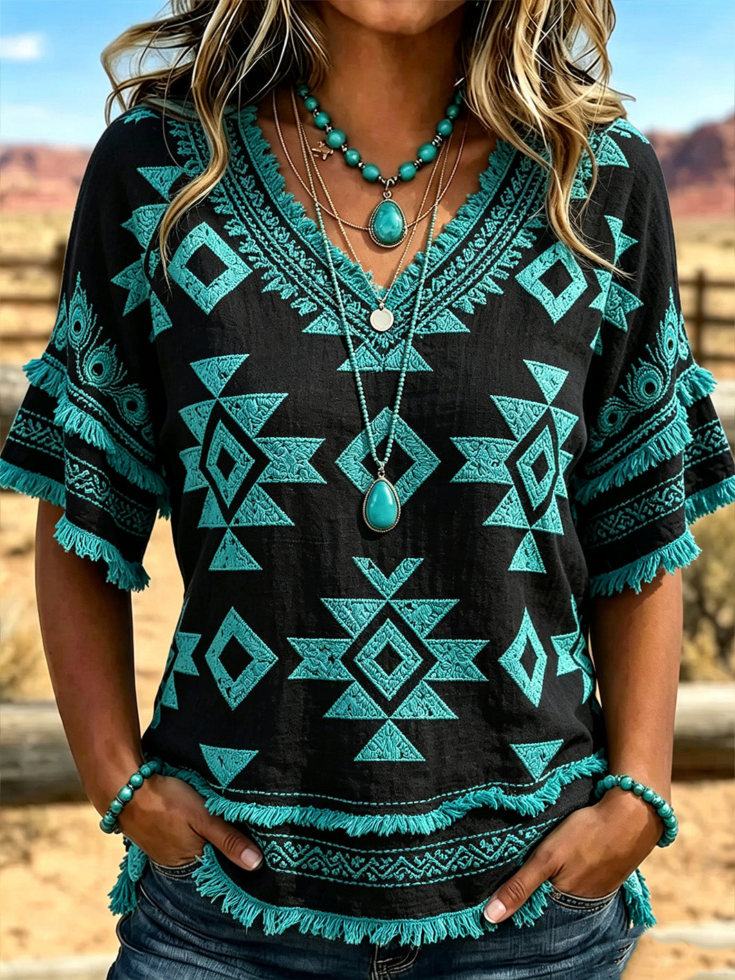 Women's western style ethnic pattern printed casual cotton and linen shirt