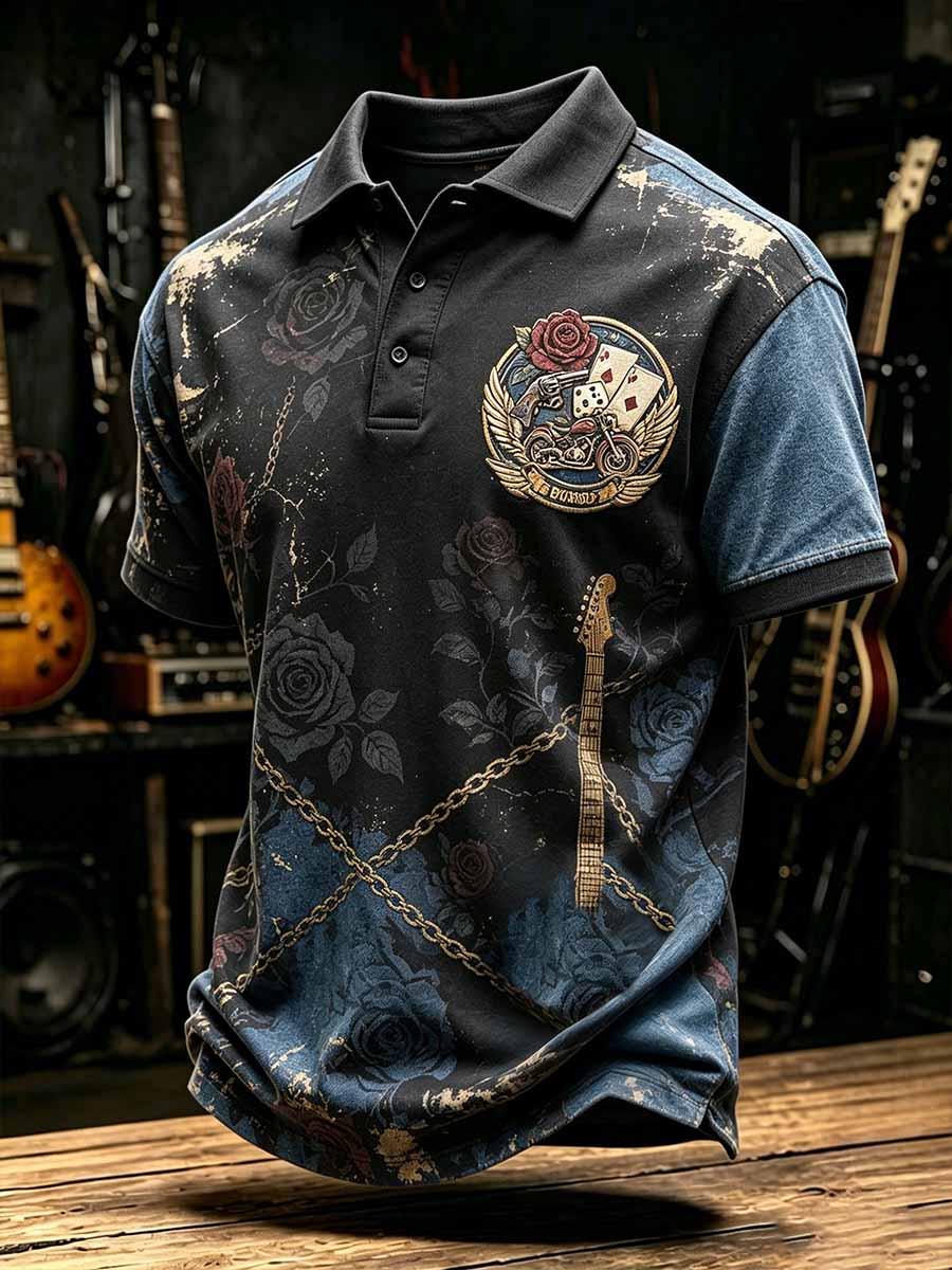 Men's Retro Guns N' Roses Print Polo Shirt