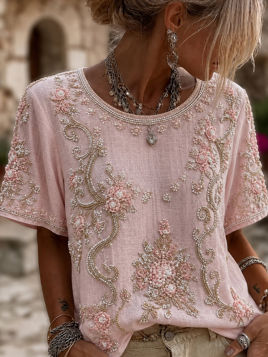 Women's Casual Cotton-Linen Top with Vintage Floral Art Print
