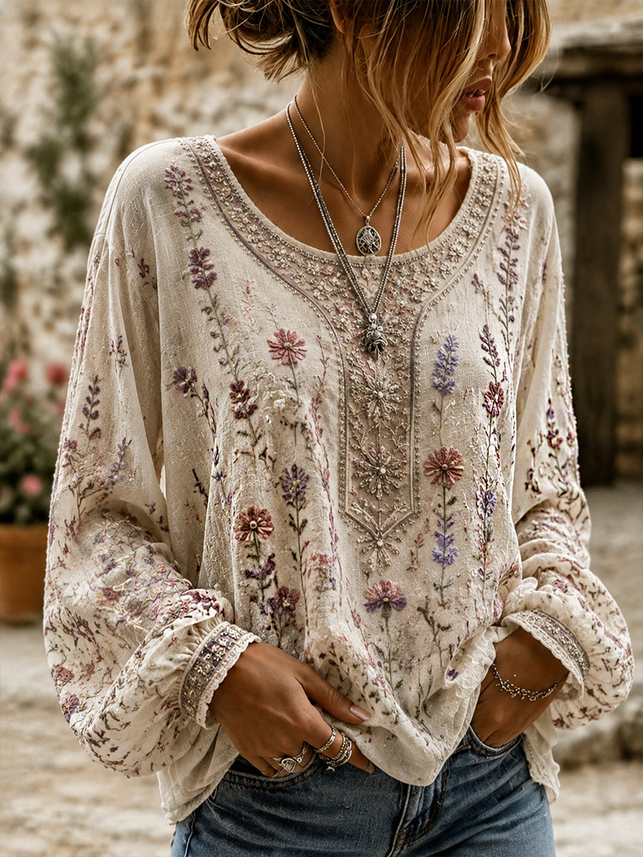 Women's Casual Cotton-Linen Top with Vintage Floral Art Print