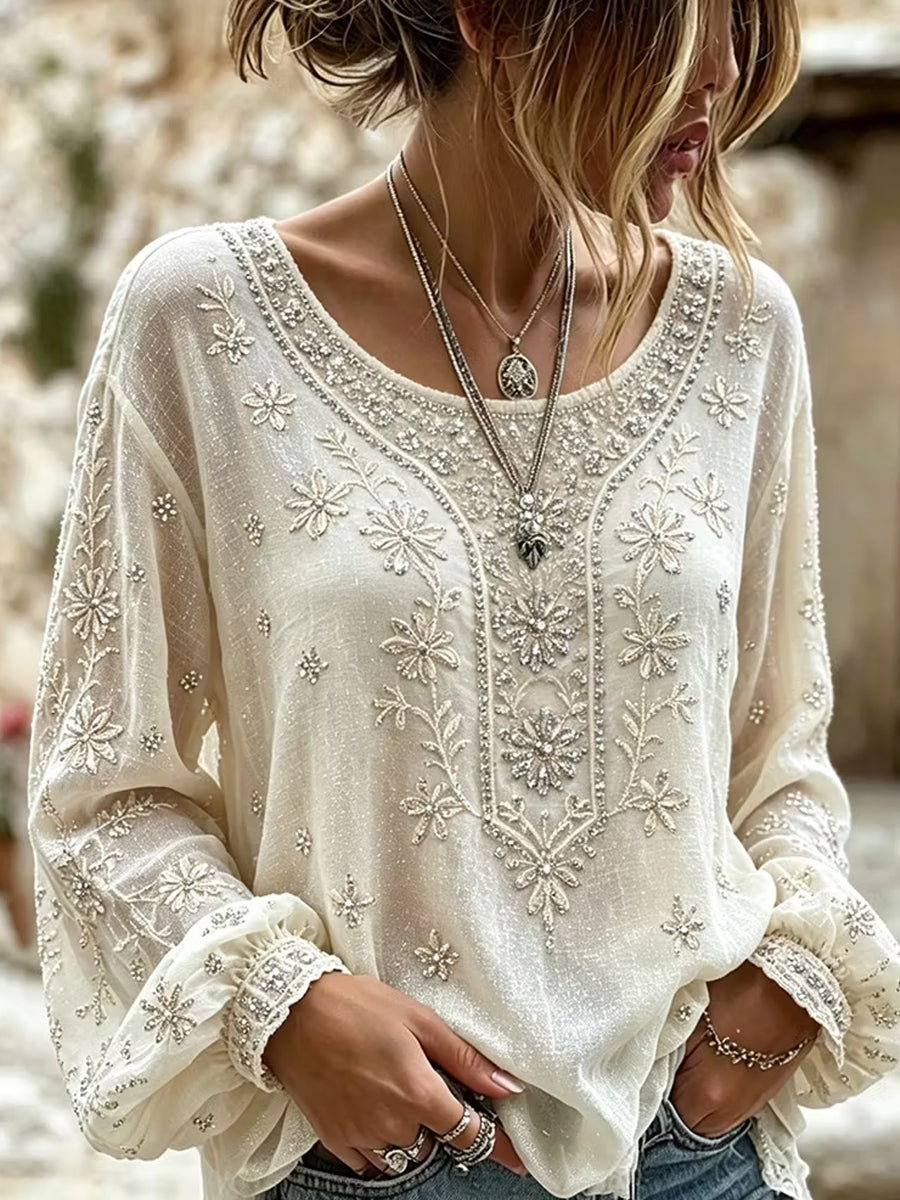 Women's Casual Cotton-Linen Top with Vintage Floral Art Print