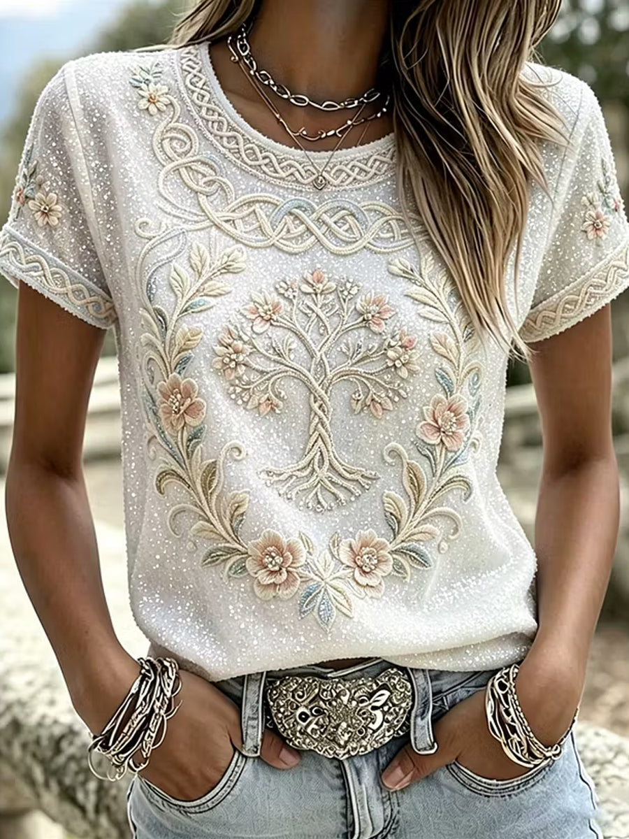 Women's Casual Cotton-Linen Top with Vintage Floral Art Print