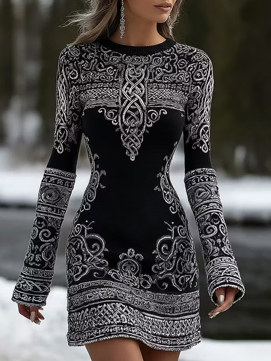 Vintage Viking-Inspired Nordic Print Casual Dress