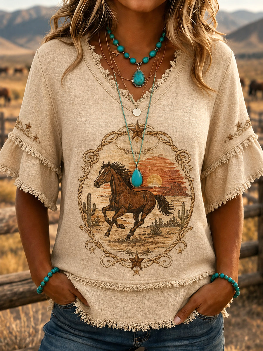 Women's Western Horse Print Casual Fringed Shirt