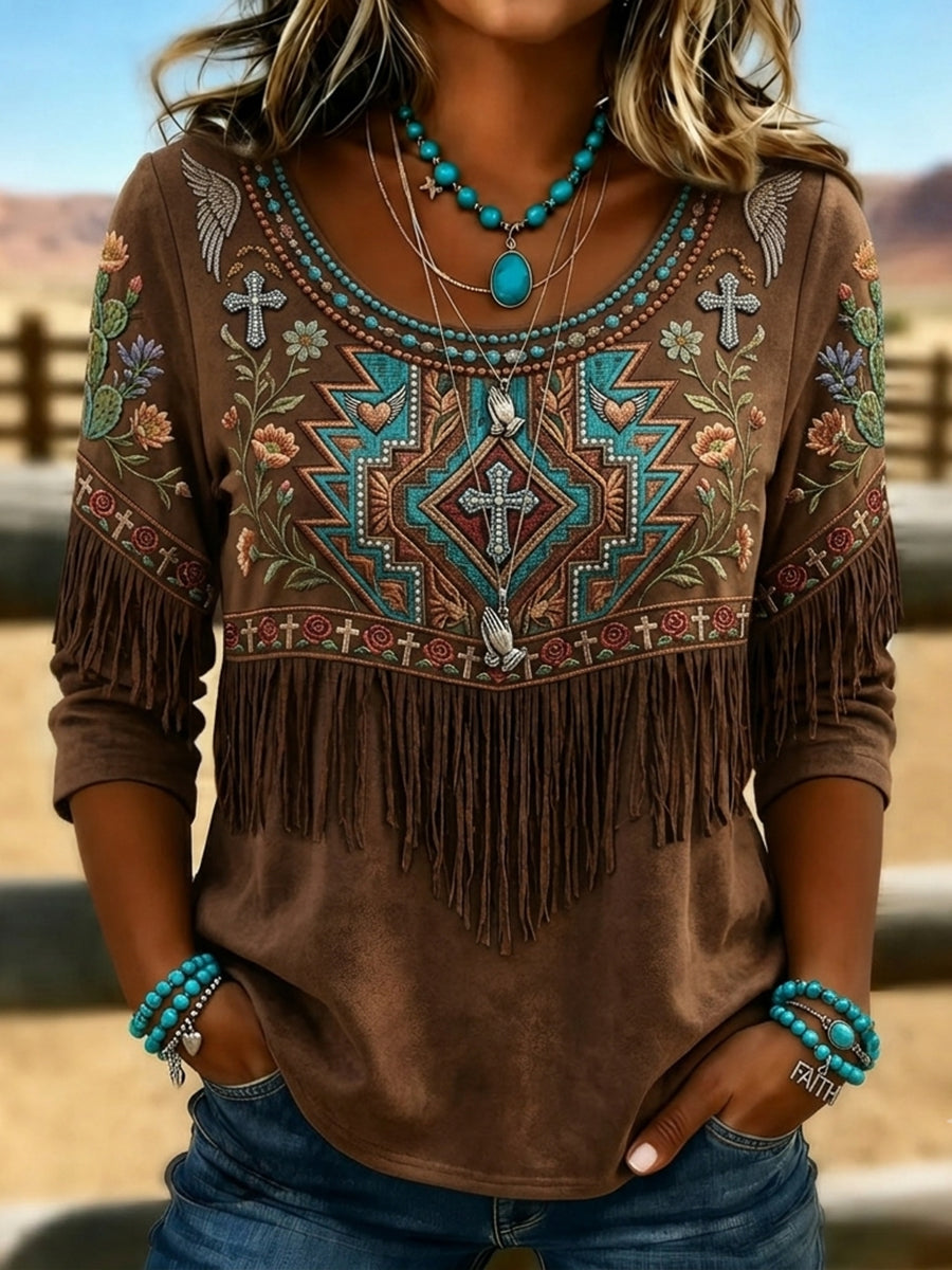 Women's Ethnic Western Pattern Cross Print Mid-sleeved T-shirt