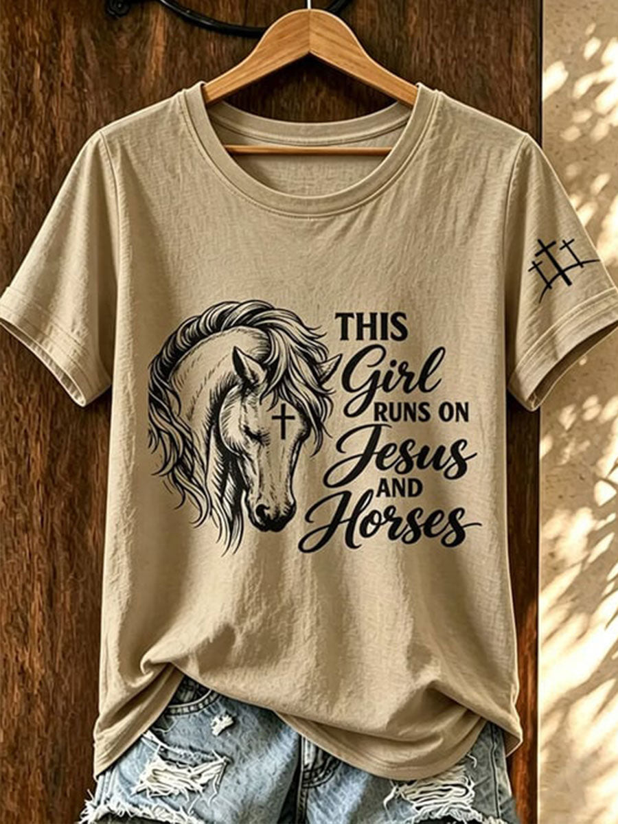 Women's This Girl Runs On Jesus And Horses Short-sleeved T-shirt