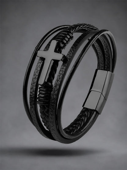 Men's Punk Style Christian Cross Leather Multi-Layer Hand-Woven Rope Bracelet