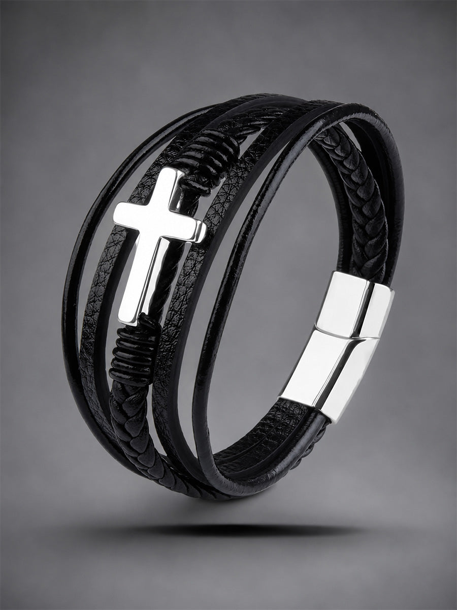 Men's Punk Style Christian Cross Leather Multi-Layer Hand-Woven Rope Bracelet