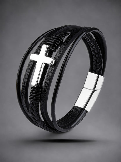 Men's Punk Style Christian Cross Leather Multi-Layer Hand-Woven Rope Bracelet