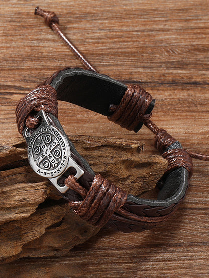 Men's Vintage Cross Pull-Out Adjustable Handwoven Leather Bracelet