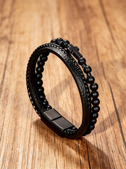 Unisex Natural Stone Obsidian Volcanic Rock Elements Simple Cross-Shaped Multi-Layered Bracelet