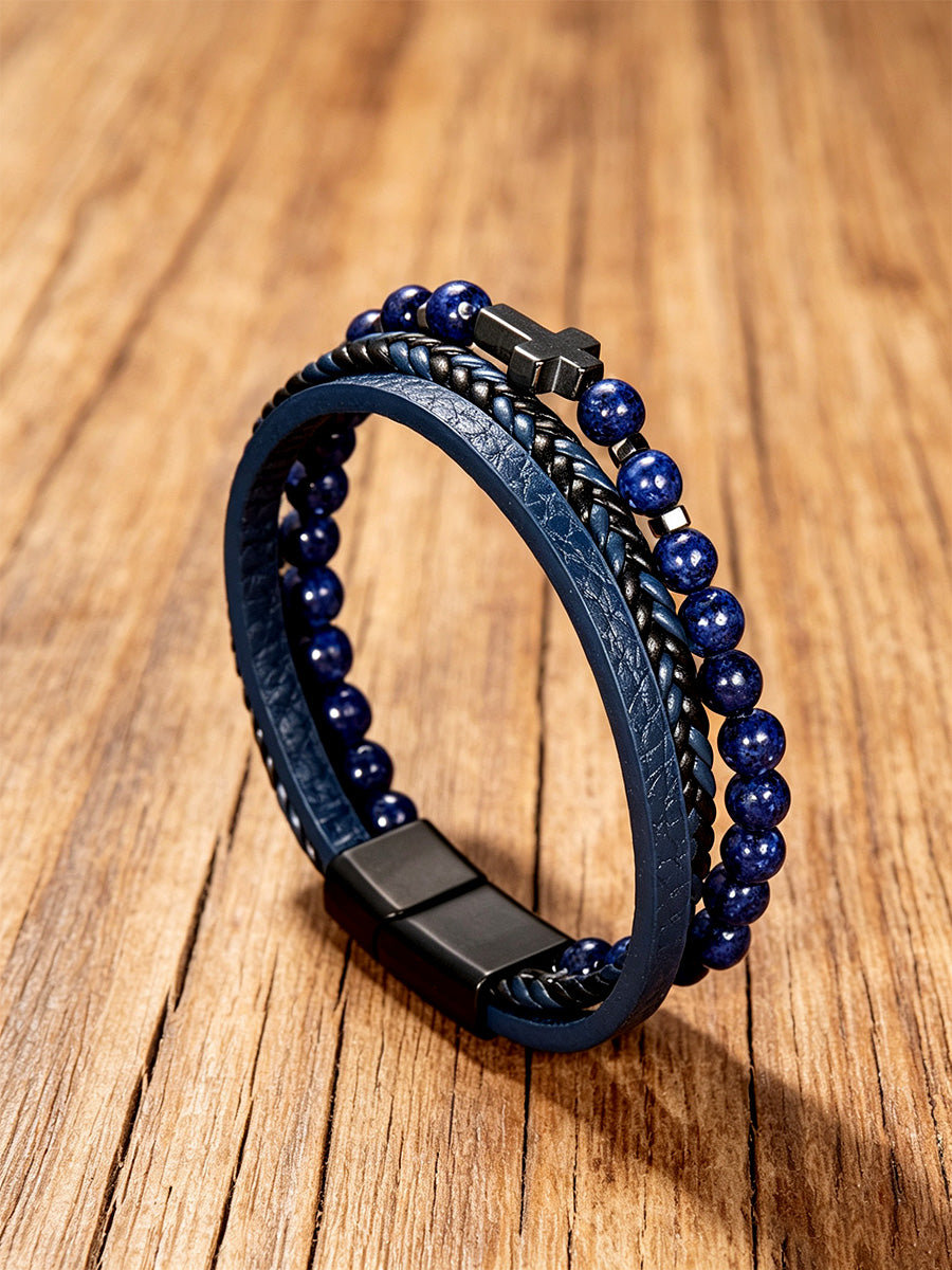 Unisex Natural Stone Obsidian Volcanic Rock Elements Simple Cross-Shaped Multi-Layered Bracelet
