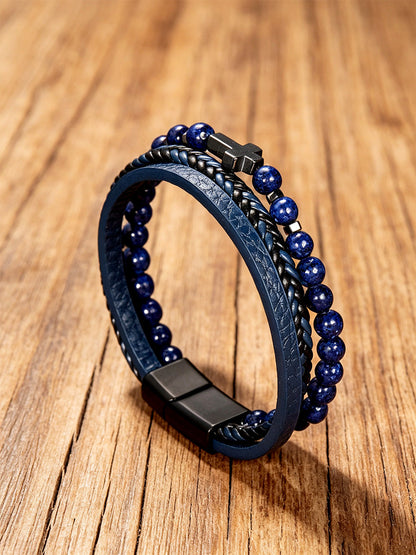 Unisex Natural Stone Obsidian Volcanic Rock Elements Simple Cross-Shaped Multi-Layered Bracelet