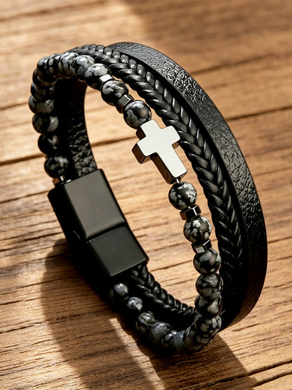 Unisex Natural Stone Obsidian Volcanic Rock Elements Simple Cross-Shaped Multi-Layered Bracelet