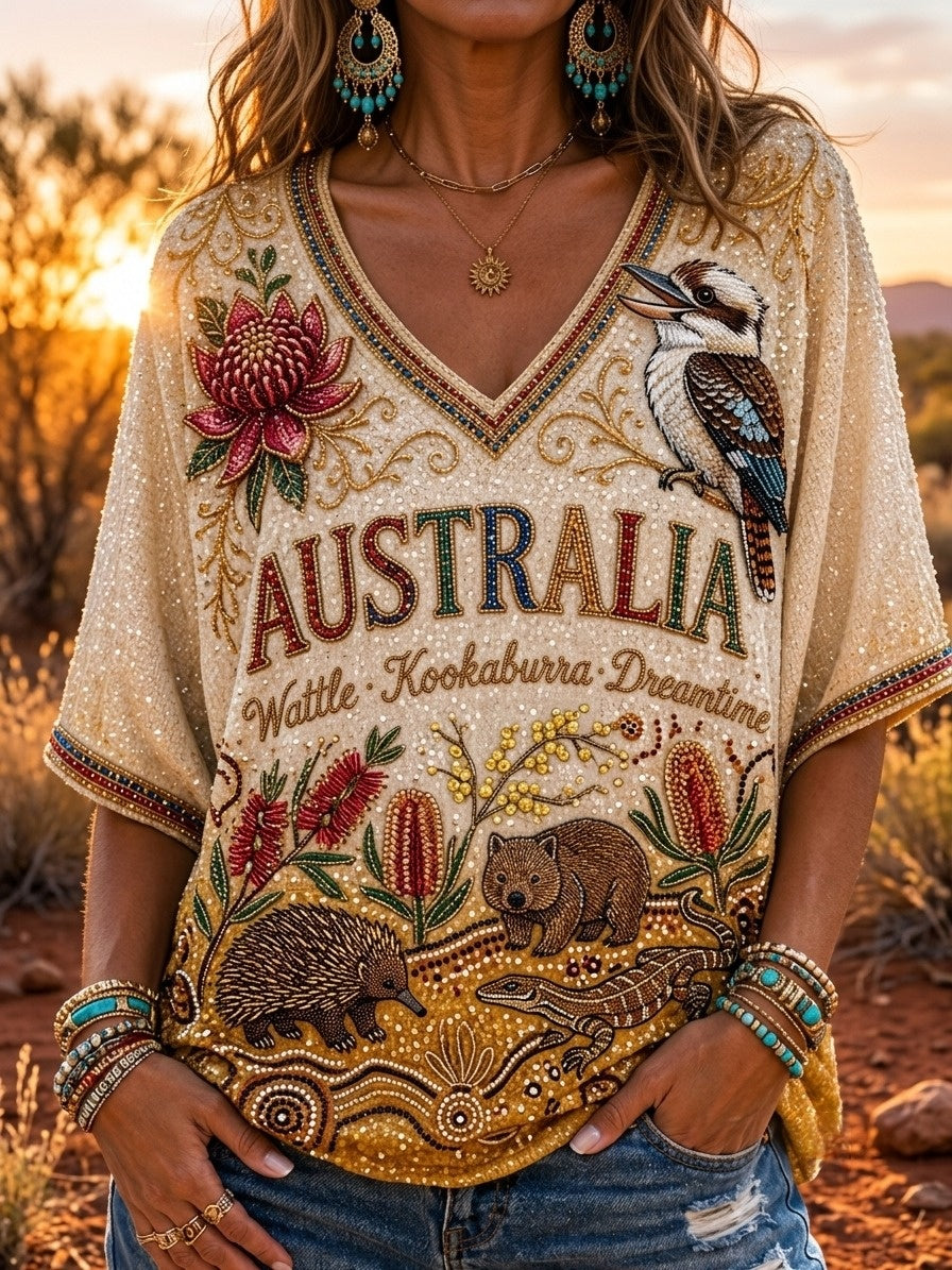 Women's Retro Australian Aboriginal Culture V-neck Short Sleeve T-shirt
