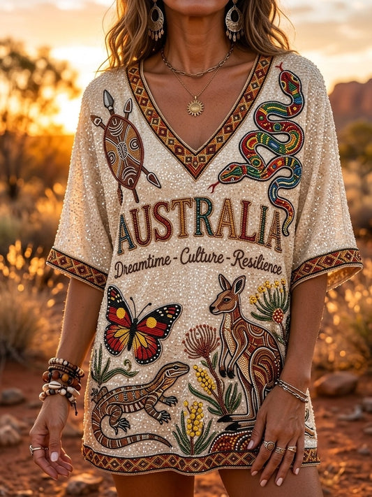 Women's Retro Australian Aboriginal Culture V-neck Short Sleeve T-shirt