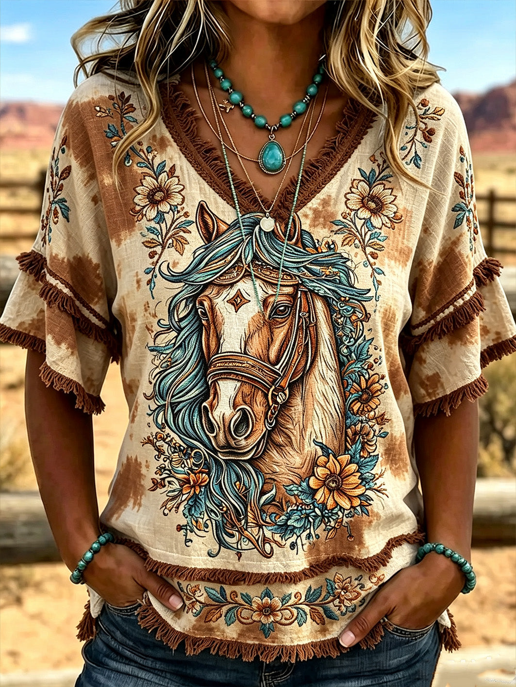 Women's western horse pattern ethnic style printed casual cotton and linen shirt