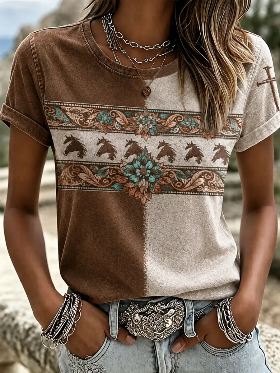 Women's Retro Western Horse Short Sleeve T-shirt