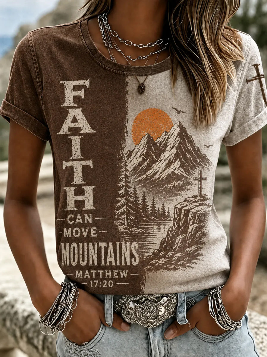 Women's Retro Western Christian Faith Can Move Mountains Short Sleeve T-shirt