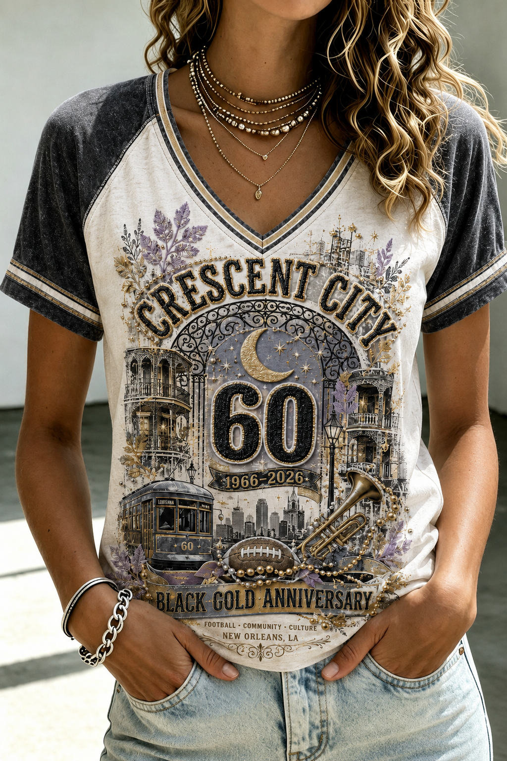 Women's New Orleans Saints V-Neck Off-Shoulder Short-Sleeved T-Shirt