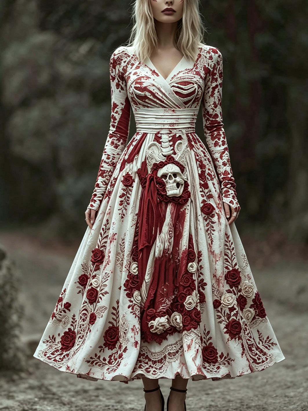 Women's Retro Gothic Skull Pattern Printed Long Sleeve Dress