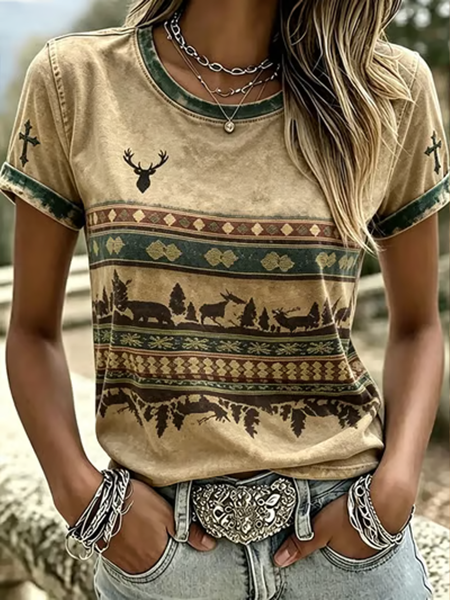 Women's Western-style print short-sleeved T-shirt