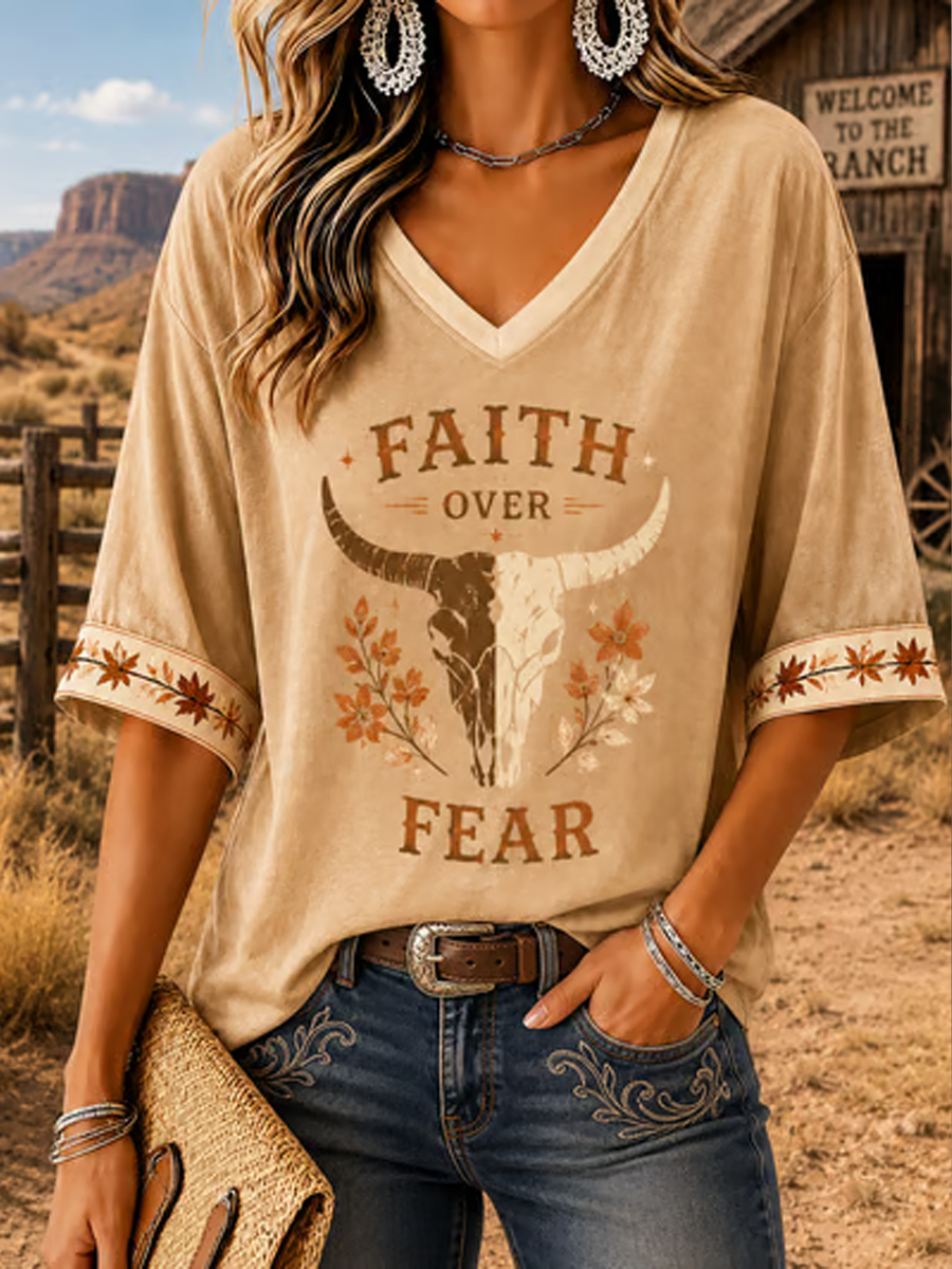 Women's Western-style print Mid-length Sleeves V-Neck T-Shirt