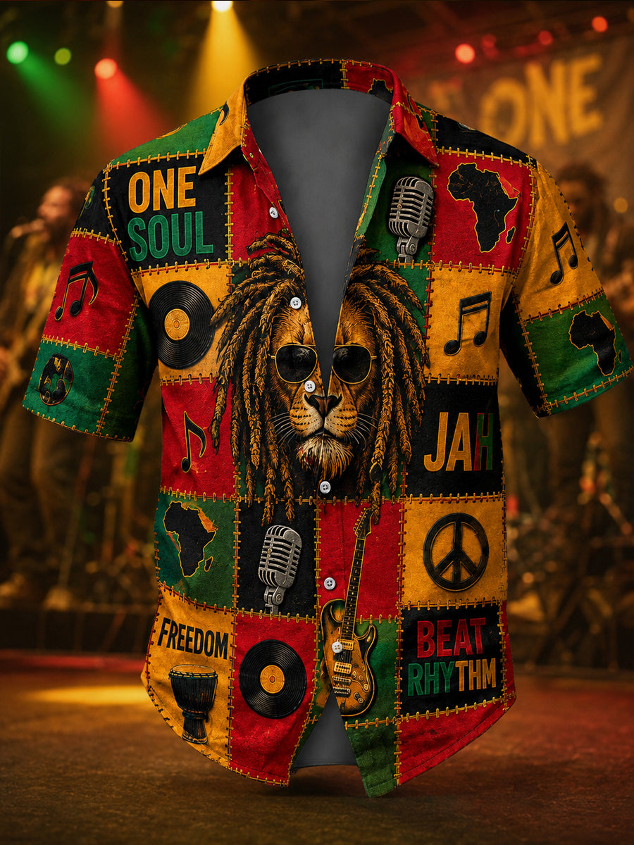 Retro Reggae Lion Patchwork Casual Shirt