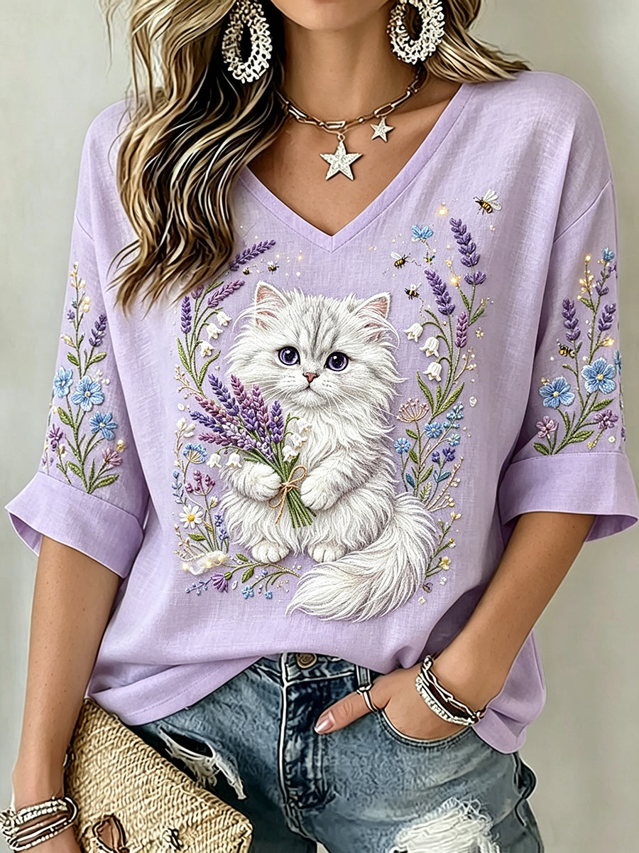 Women's Classy Lavender & Cat Art Print Linen Short-sleeved T-shirt