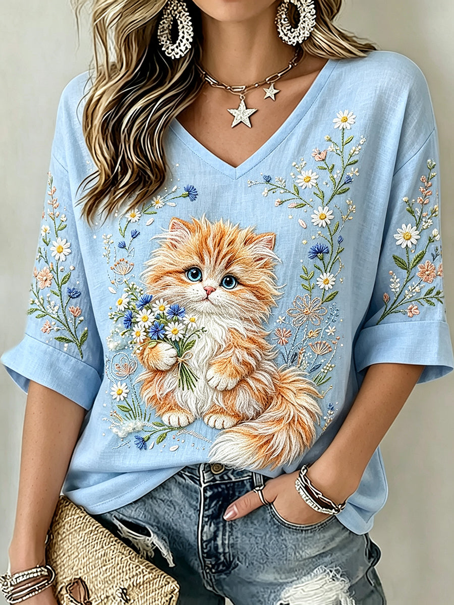 Women's Classy Wildflowers Cat Art Print Linen Short-sleeved T-shirt