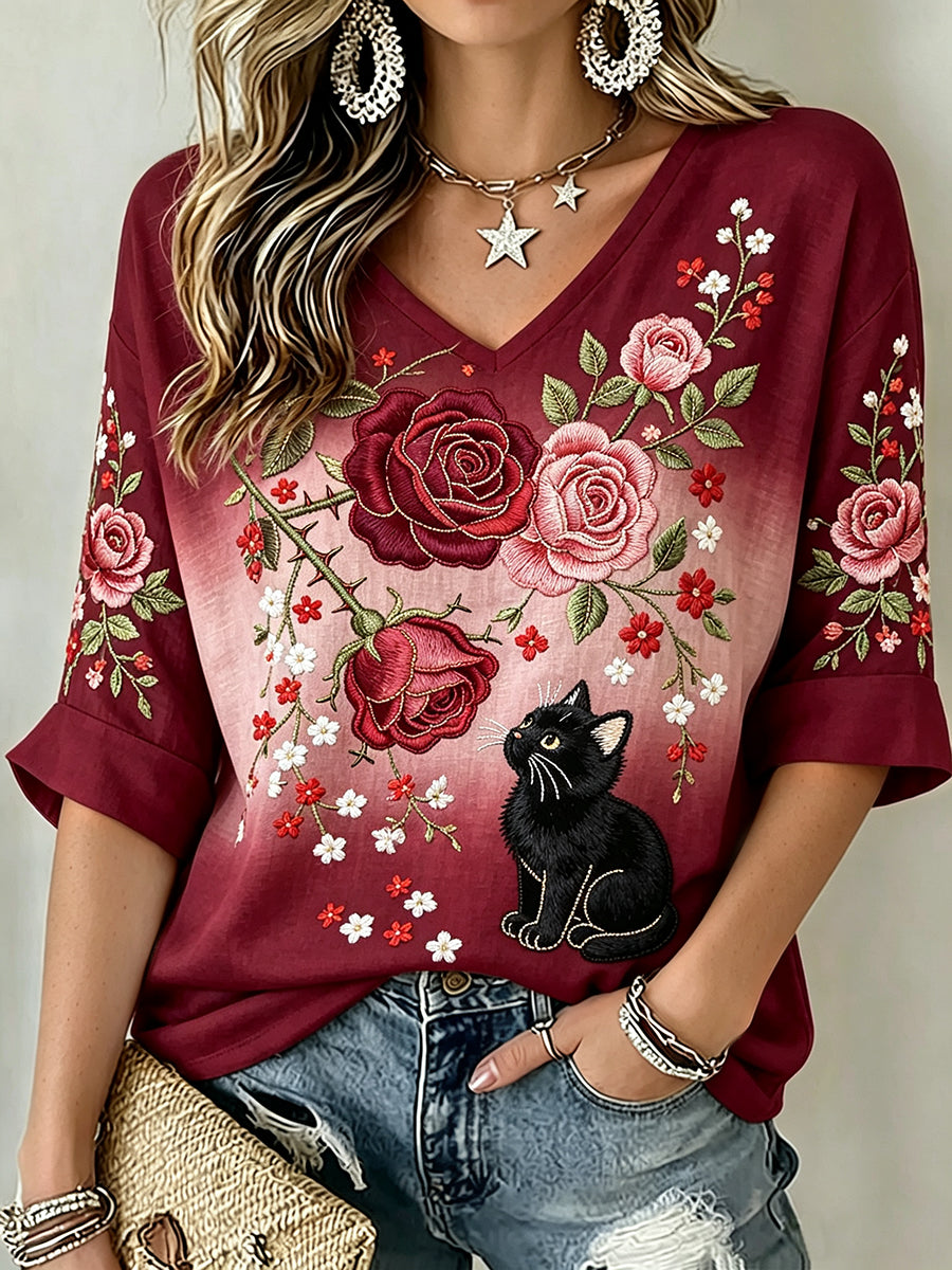 Women's Classy Rose & Black Cat Art Print Linen Short-sleeved T-shirt