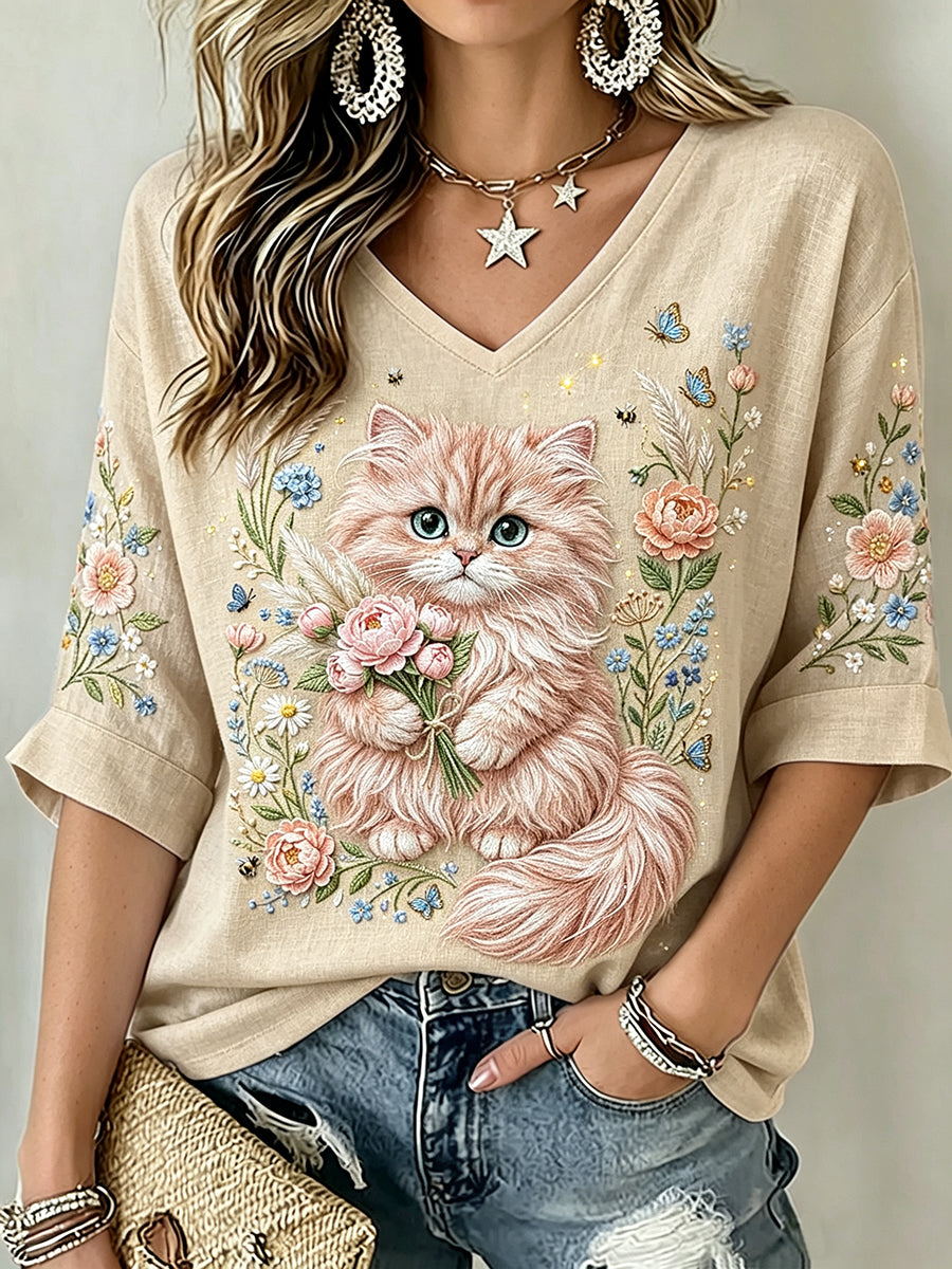 Women's Classy Floral Cat Art Print Linen Short-sleeved T-shirt