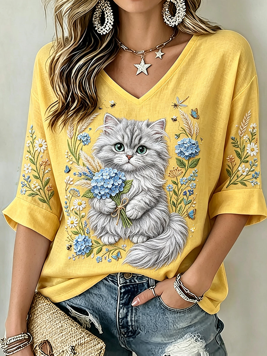 Women's Classy Hydrangea & Cat Art Print Linen Short-sleeved T-shirt