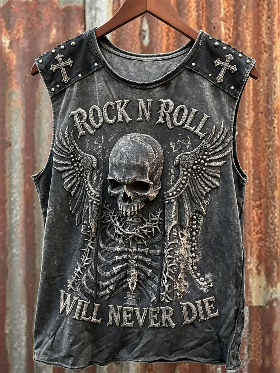 Men's Rock N Roll Will Never Die Skeleton with Wings Print Racket Vest
