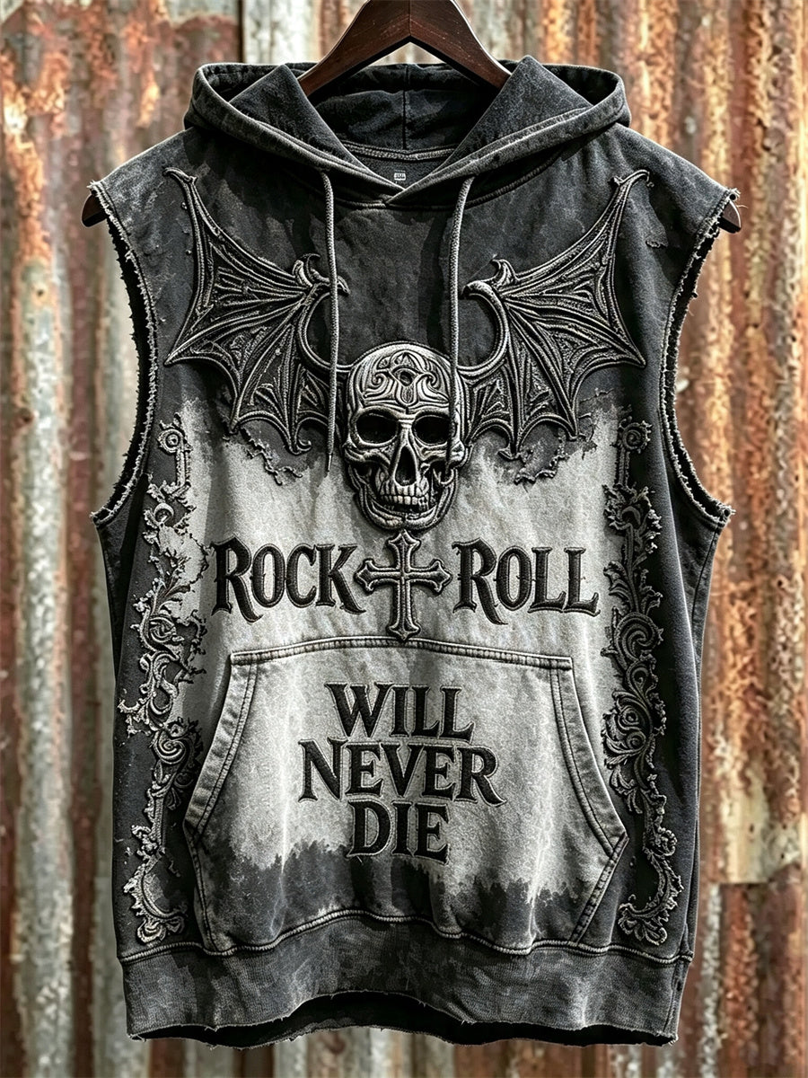 Men's Rock N Roll Will Never Die Skull with Wings Print Hooded Vest