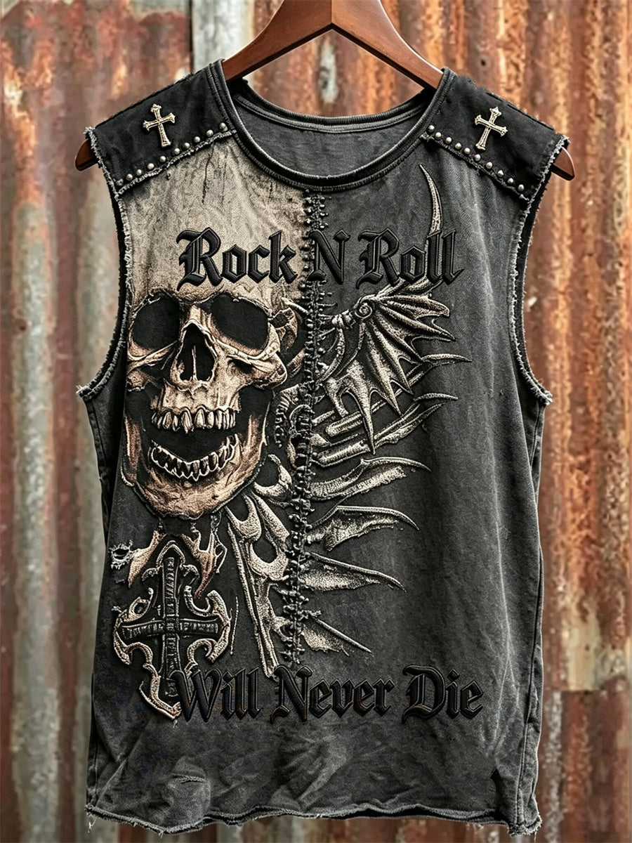 Men's Rock N Roll Will Never Die Skull with Wings Print Racket Vest