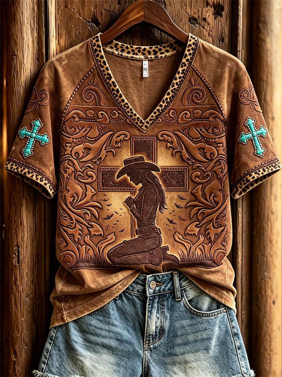 Women's Praying Cowgirl Turquoise Cross Leopard Print short-sleeved T-shirt