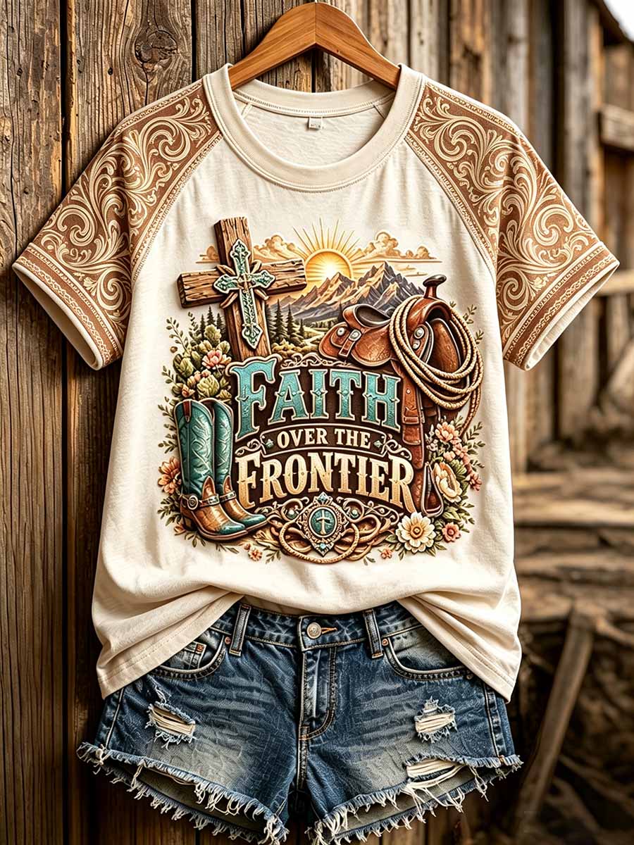 Women's Retro Western Cross Pattern Printed T-Shirt
