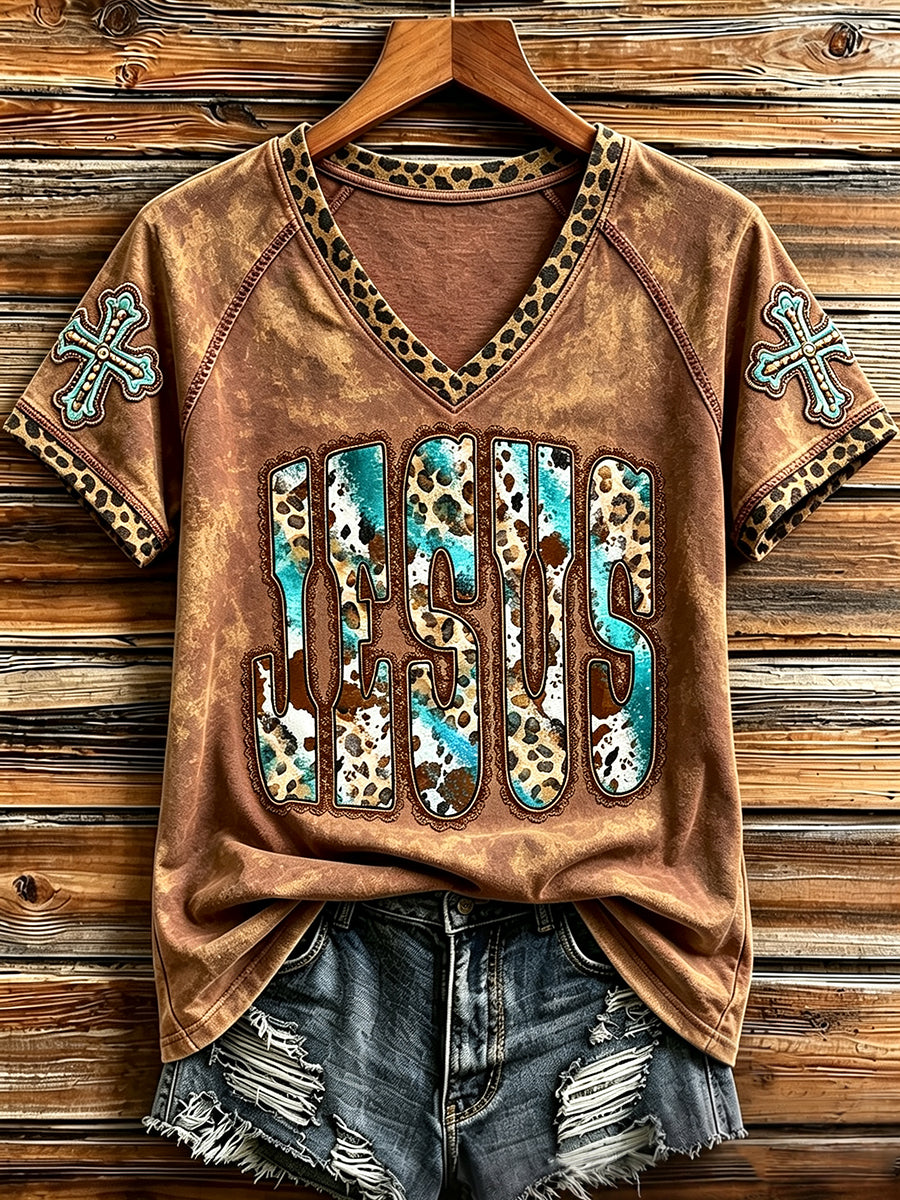 Women's Vintage Turquoise Western Jesus Cross Print V-neck Short-sleeved T-shirt