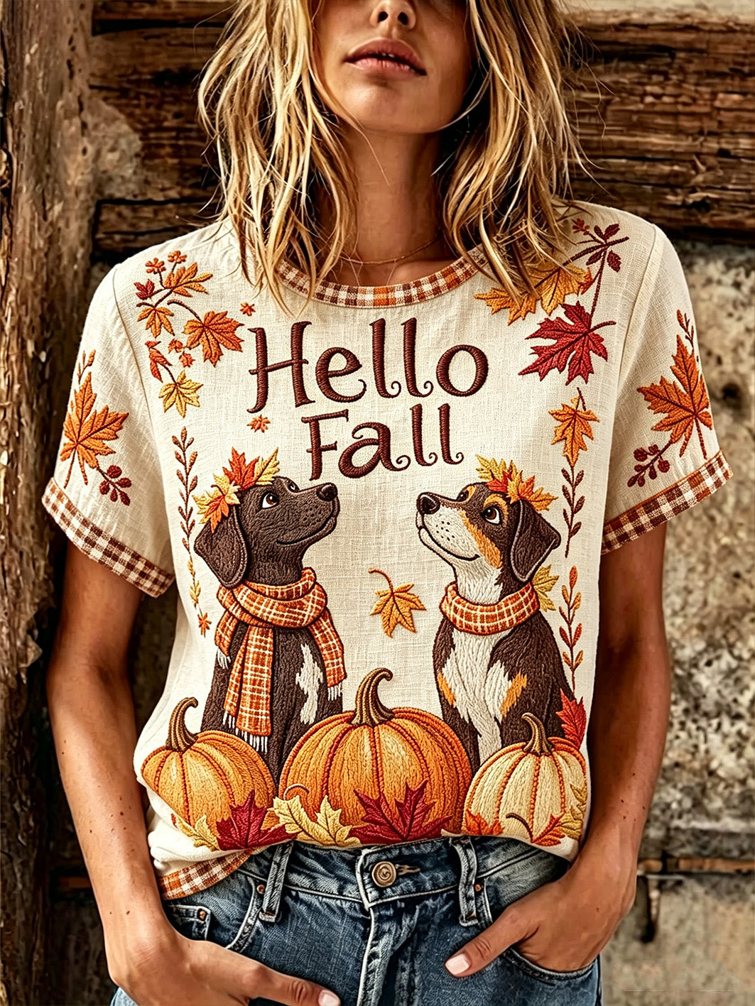 Women's autumn theme animal pattern printed casual cotton and linen short-sleeve T-shirt