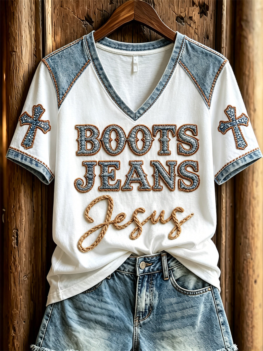Women's Western Boots Jeans Jesus Denim Art Print short-sleeved T-shirt