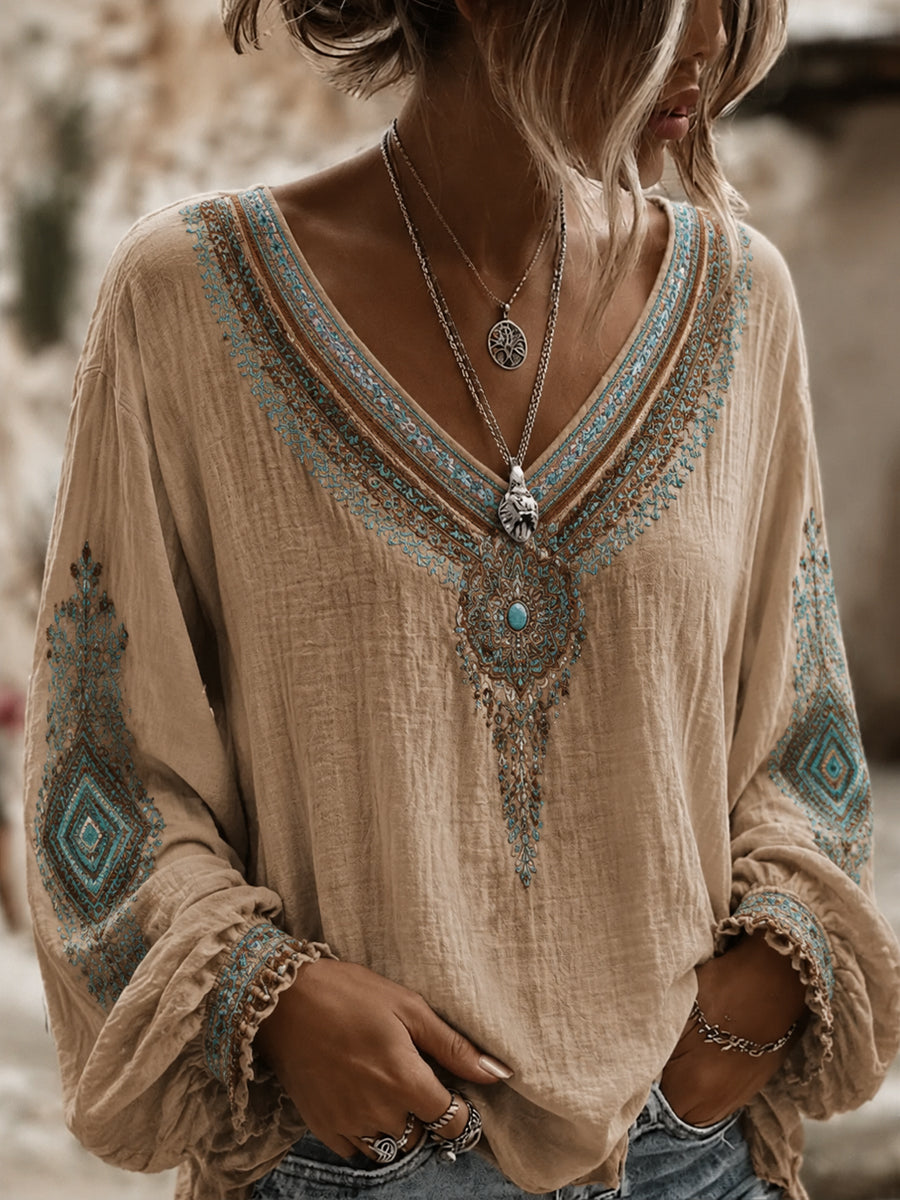 Women's Vintage Western Printed V-neck Cotton-Linen Shirt