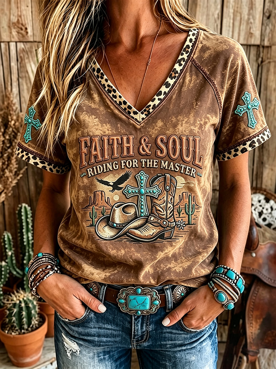 Women's Western Faith & Soul Leopard Print V-neck Short-sleeved T-shirt