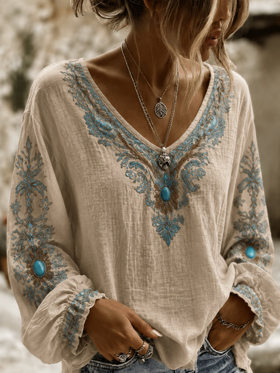 Women's Vintage Western Printed V-neck Cotton-Linen Shirt