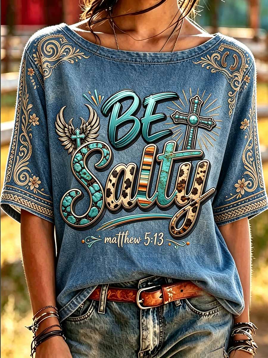 Women's Retro Western Cross Pattern Printed T-Shirt