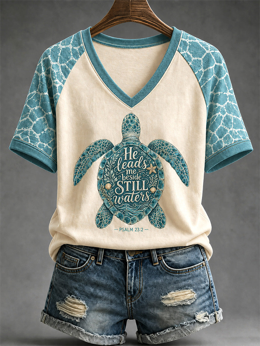 Women's He Leads Me Beside Still Waters Print Casual V-Neck Tee