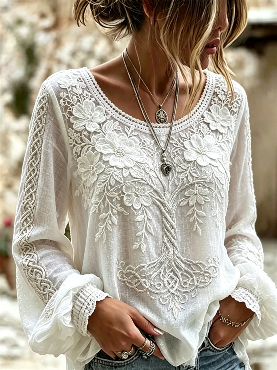 Women's Classy White Floral Tree of Life Viking Celtic Knot Print Cotton-Linen Shirt