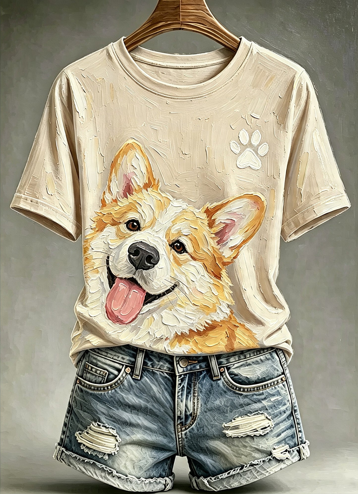 Women's Cute Animal Dog Oil Painting Printed Vintage Fashion Loose Short Sleeve T-Shirt