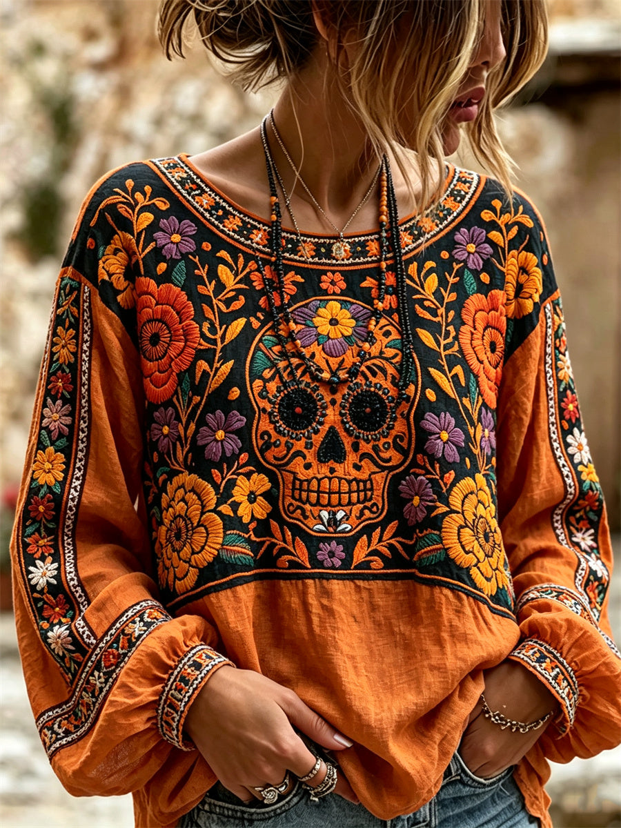 Women's Day of the Dead Sugar Skull Mexican Marigolds Floral Print Cotton-Linen Shirt